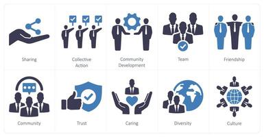 A set of 10 community icons as sharing, collective action, community development vector