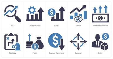 A set of 10 increase sale icons as seo, performance, sales vector