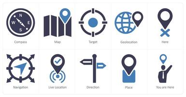 A set of 10 location icons as compass, map, target vector