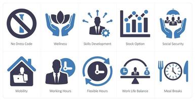 A set of 10 employee benefits icons as no dress code, wellness, skills development vector