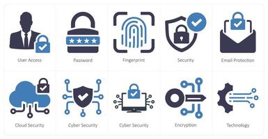 un conjunto de 10 ciber seguridad íconos como usuario acceso, contraseña, huella dactilar vector