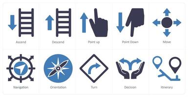 A set of 10 direction icons as ascend, descend, point up vector