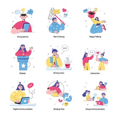 Set of Online Chat and Collaboration Doodle Mini Illustrations