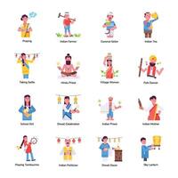 Collection of 16 Indian People Flat Character Icons vector