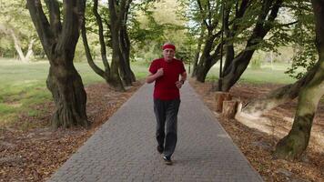 Senior velho homem correndo, trabalhando Fora cardio dentro parque e usando Bluetooth fones de ouvido, ouvindo música video