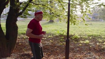 personnes âgées sport coureur homme entraînement. faire des exercices cardio à l'extérieur dans parc à Matin. actif Sénior gens video