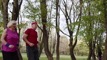 sportief volwassen paar familie jogging samen. senior man en vrouw aan het doen cardio training opdrachten video