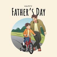 Happy fathers day. Father teaching little son riding bicycle vector