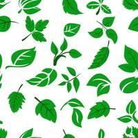 A seamless pattern featuring an array of green leaves in various shapes and sizes scattered across a white background, ideal for fabric or wallpaper vector