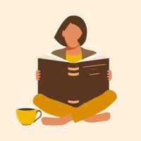 A beautiful brunette female student sits with an open book and reads barefoot in the library with a cup of tea. The concept of online education and useful cozy reading. vector