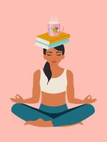 Cozy reading with tea in the lotus position. A young woman meditates on rapid reading and assimilation of knowledge. Studying foreign languages. vector