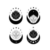 Lotus flower with crescent moon and stars, blooming lotus, floral magic moon. Lotus logo vector