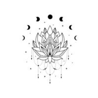 Black Lotus flower with moon phases, blooming lotus, celestial and magic lotus logo vector