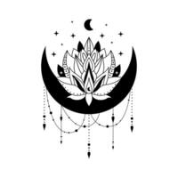 Lotus flower with crescent moon and stars, blooming lotus, floral magic moon. Lotus logo vector