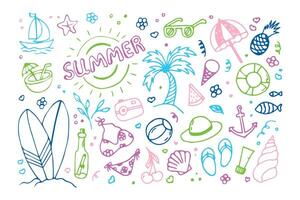 Doodle set of colored summer icons. Hand drawn doodle style. Sun, palm tree, fruit, summer clothes, hat, ice cream, cream, flip flops. illustration vector