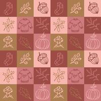 Autumn seamless pattern in doodle style. Geometric pattern with autumn leaves, pumpkin, warm clothes and mushrooms. illustration vector