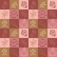 Autumn seamless pattern in doodle style. Geometric pattern with autumn leaves, pumpkin, warm clothes and mushrooms. illustration vector