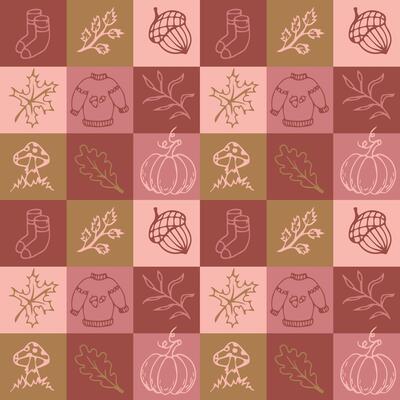 Autumn seamless pattern in doodle style. Geometric pattern with autumn leaves, pumpkin, warm clothes and mushrooms. illustration