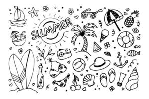 Big summer set in doodle style. Sun, Beach, tropical palm, fruits, sunglasses, watermelon, ice cream, fishes. Hand drawn illustration. Great for poster, banner vector