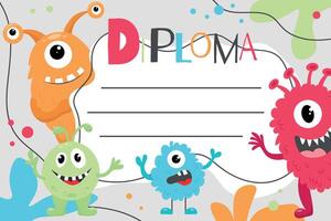 A colorful diploma with cute monsters for preschoolers and kindergarteners. Certificate preschoolers with monsters. Place for text. illustration. Sheet for printing. vector