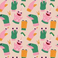 Seamless pattern with hand puppets. Childish puppets and toys. vector