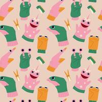 Seamless pattern with hand puppets. Childish puppets and toys. vector