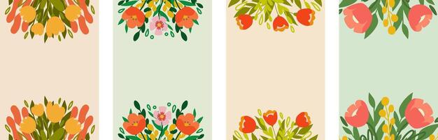 collection of spring backgrounds with space for copying text. Bright banners, posters, design templates on social networks with leaves and flowers. vector