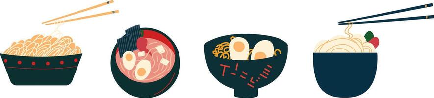 Set of asian dishes. Various soup and meal. vector