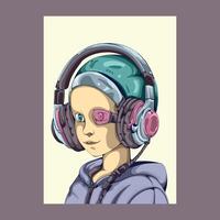 androide chico con auriculares escuchando a música, con púrpura chaqueta artístico futurista ilustración vector