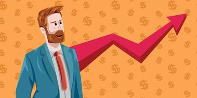 businessman man with beard and elegant suit with tie, textured background with currency signs and business growth arrow vector