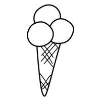 Ice cream icon, Sundae Gelato, Cone waffle with three icecream, thin line web symbol on white background. Linear Illustration for Coloring book, Card, Sticker, Print. Hand drawn Outline Design. vector