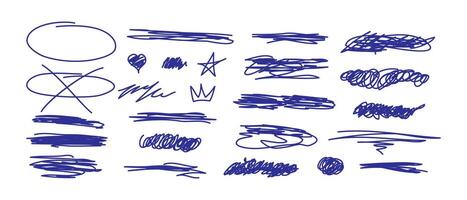 set of hand drawn scribble doodle elements for your design. Scribbles and sketches, marker line set. Ink shapes, scrawl textured elements. Scrawls, star, crown, underlines, heart. vector