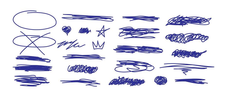 set of hand drawn scribble doodle elements for your design. Scribbles and sketches, marker line set. Ink shapes, scrawl textured elements. Scrawls, star, crown, underlines, heart.