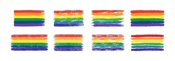 Set of grunge rainbow pride LGBT flags. Different flag textures hand drawn with a ink, crayon and chalk. Illustration isolated on white background. vector