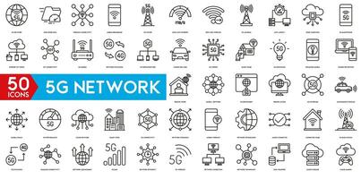 5G Network, Smart Home, Wireless Connectivity, 5G Smartphone, Remote Work, Global Network, Mobile Broadband thin line web icon set. Outline icons collection. vector