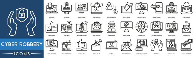 Cyber Robbery icon set. Digital Heist, Online Theft, Virtual Robbery, Cyber Extortion, Hacking for Profit, Data Pilferage, E-Financial Fraud, Internet Robbery, Digital Larceny vector