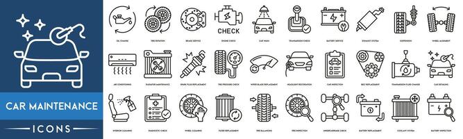 coche mantenimiento, petróleo cambiar, neumático rotación, freno servicio, motor controlar, coche lavar, transmisión controlar, batería Servicio Delgado línea web icono colocar. contorno íconos recopilación. vector