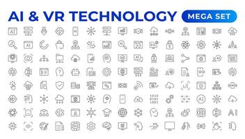 Artificial intelligence set of web icons in line style. AI technology for and mobile app. Machine learning, digital technology, and cloud computing networks. Outline icon set. vector