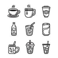 un conjunto de bebida diseño contorno ilustraciones. caliente y frío bebidas icono garabatear diseño vector