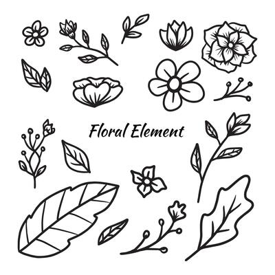 Set of hand drawn leaves and flower decorative floral element