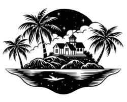 Bungalow with palm trees next to sea vector