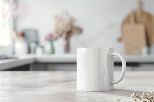 white 11oz ceramic mug on kitchen table with decorations, soft light, stockphoto image photo