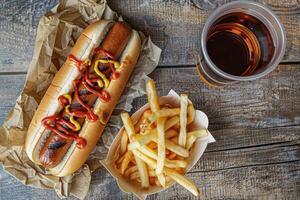 Tasty Hotdog with french fries, soft drink on restaurant table created by AI photo