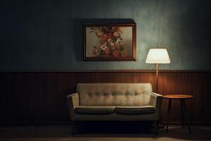 a single picture frame hanging on an wall in vintage living room with couch and lamp photo
