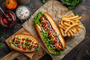 Tasty Hotdog with french fries, soft drink on restaurant table created by AI photo