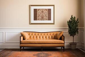 a single picture frame hanging on an wall in vintage living room with couch and lamp photo