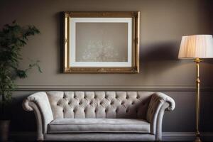 a single picture frame hanging on an wall in vintage living room with couch and lamp photo