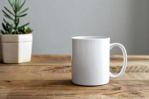 white 11oz ceramic mug on kitchen table with decorations, soft light, stockphoto image photo