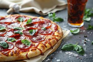 Tasty Salami Pizza with a soft drink on a restaurant table photo