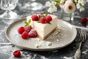 sabroso rebanada de tarta de queso con frutas y bonito decoración menta hoja foto